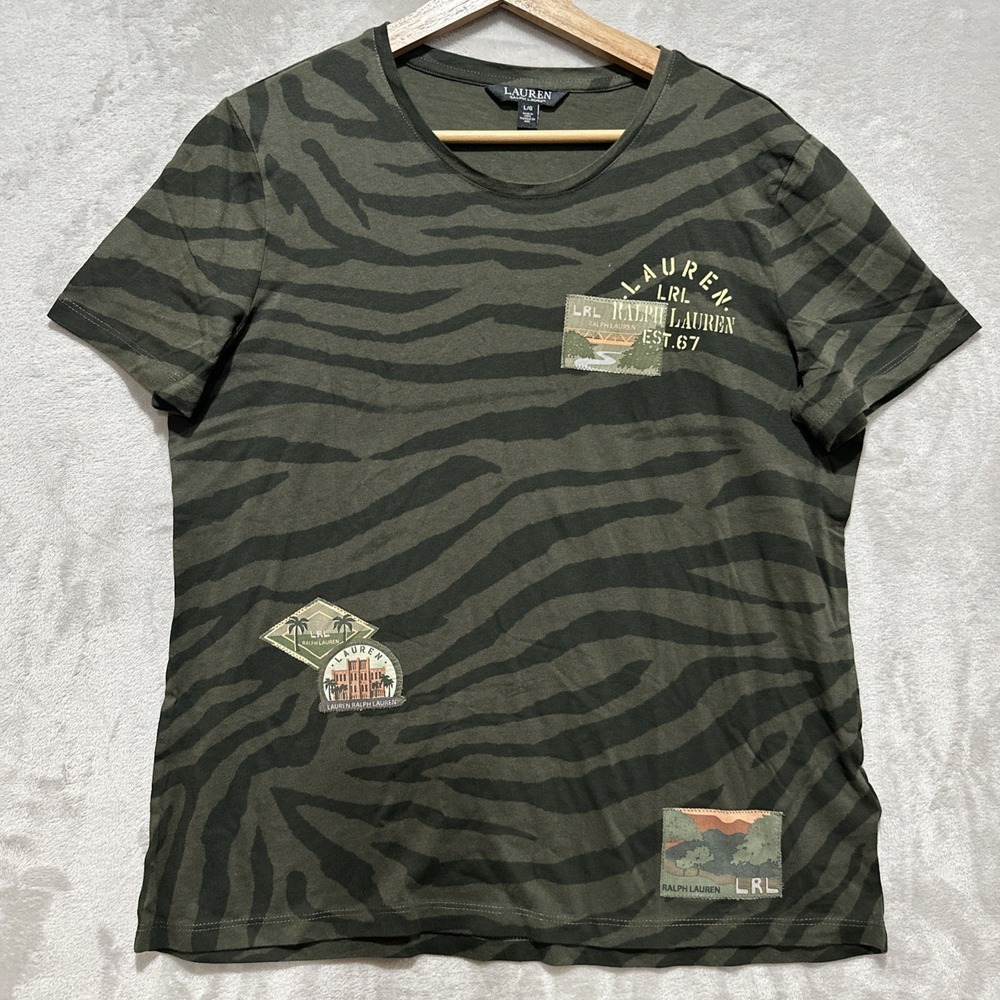 Lauren Ralph Lauren Black Label Zebra Print Jersey Tee Size L Green Short Sleeve